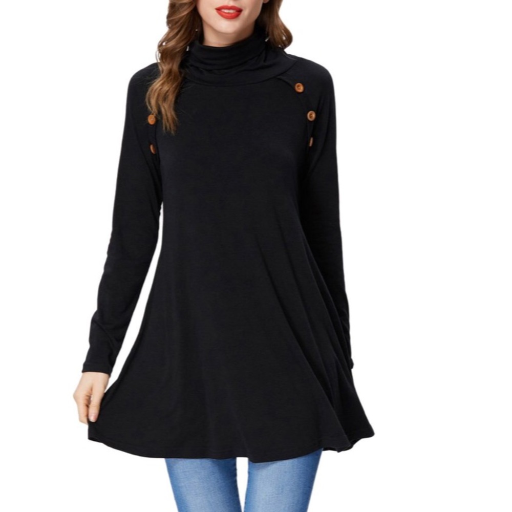 Black Button Detail Turtleneck Lightweight Sweater - Picture 3 of 6